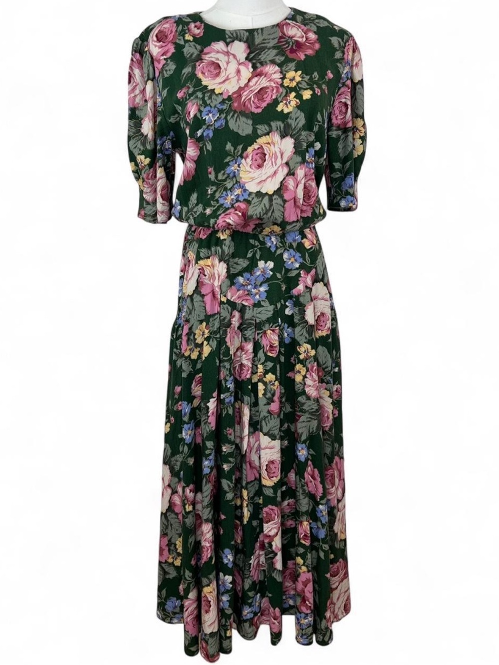 1980s Green Floral Rose Midi Dress‎ Cottagecore Puff Sleeve Made in Canada